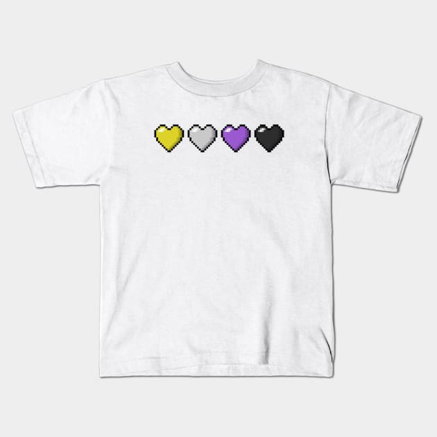 Row of Four Non-Binary Pride Flag Pixel Hearts Kids T-Shirt by LiveLoudGraphics